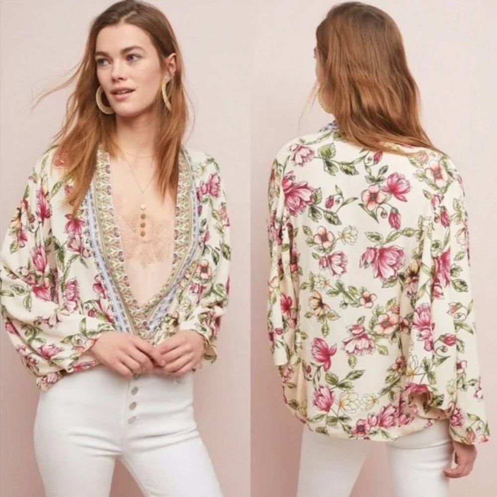 Anthropologie Floral Cardigan - Cream and Pink